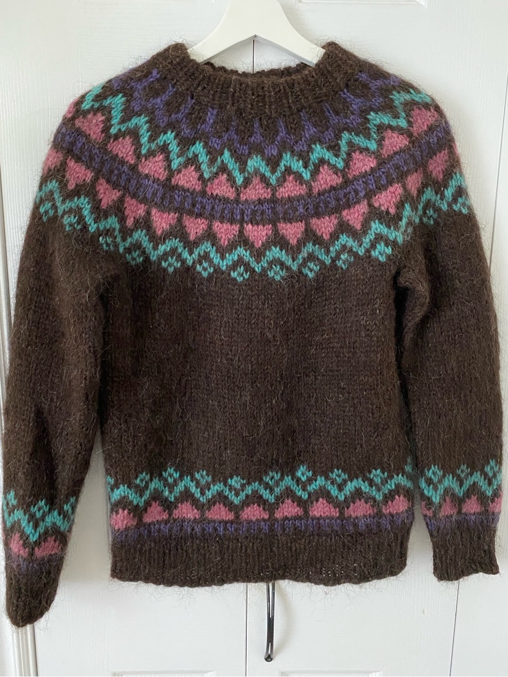 Icelandic Hand Knit Lopapeysa Wool Lopi Sweater Brown Pink Teal size Small